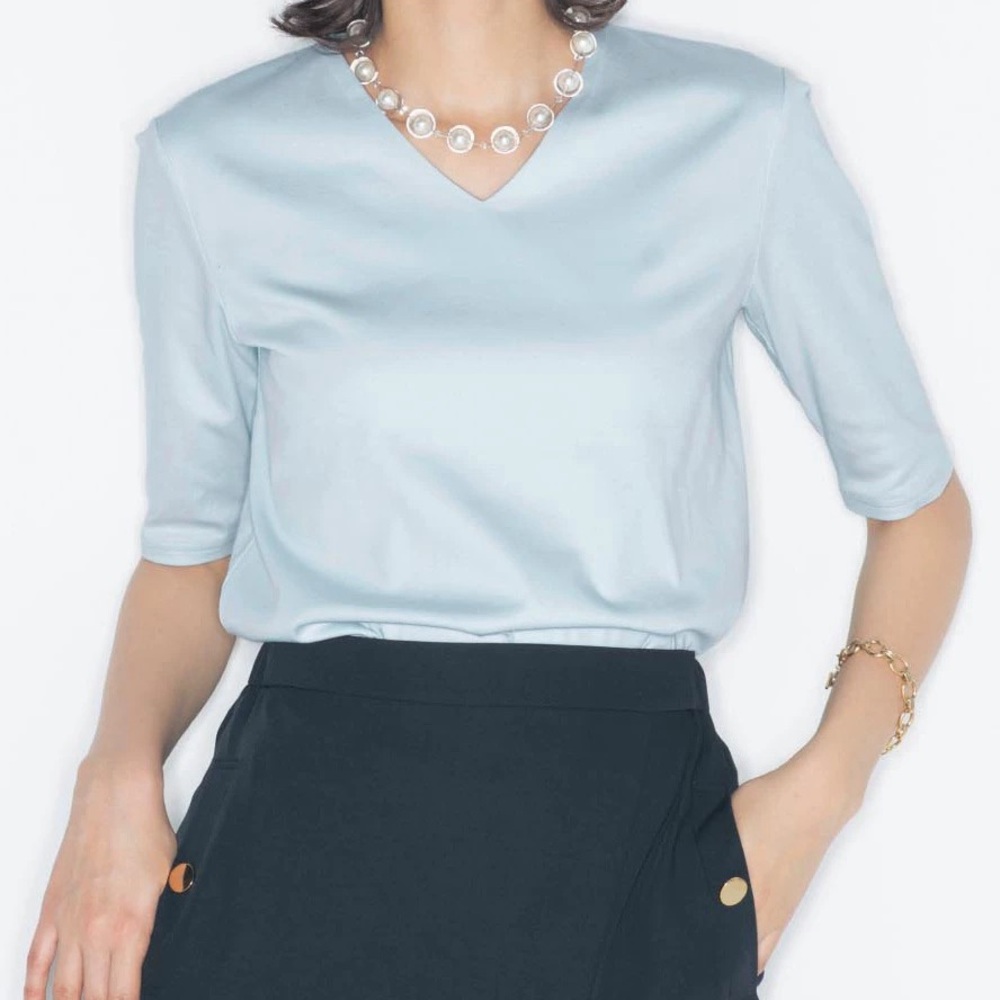Elegant Light Blue V-Neck Women's mercerized cotton T shirt